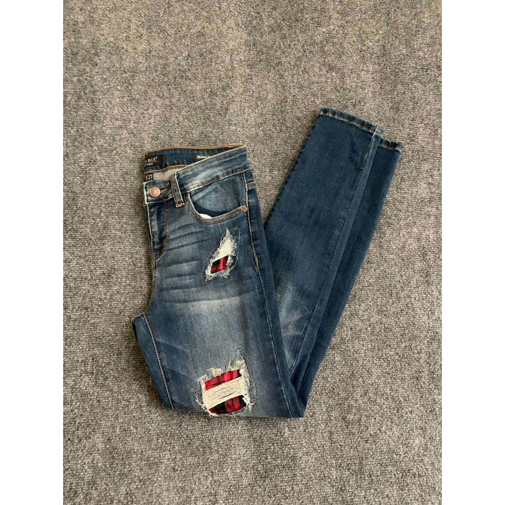 Judy Blue Skinny Fit Distressed Plaid Patch Jeans Medium Wash 5/27 JB8268DK